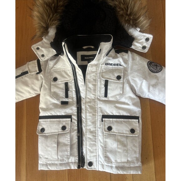 Diesel Boys Jacket Lt Gray Camo Puffer Parka w/Fur Trim Sz 4 Warm Cargo Pockets - Picture 1 of 12